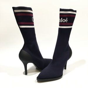 Chloe Tracy Sock Ankle Boots -Navy Knit Pumps -US 9.5 -NEW